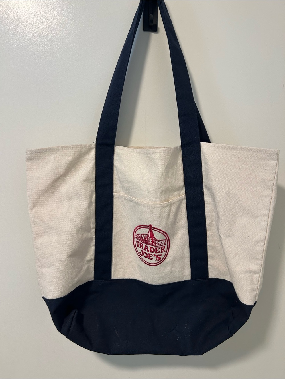 Trader Joe's Cream and Navy Large Canvas Tote 20”X17”